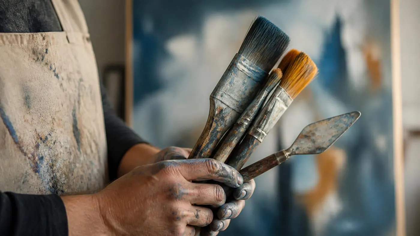 Mains tachées de peinture tenant des pinceaux