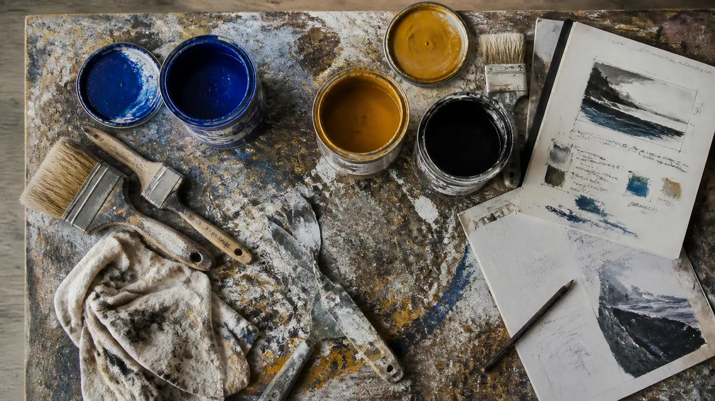 Table de travail couverte de peinture