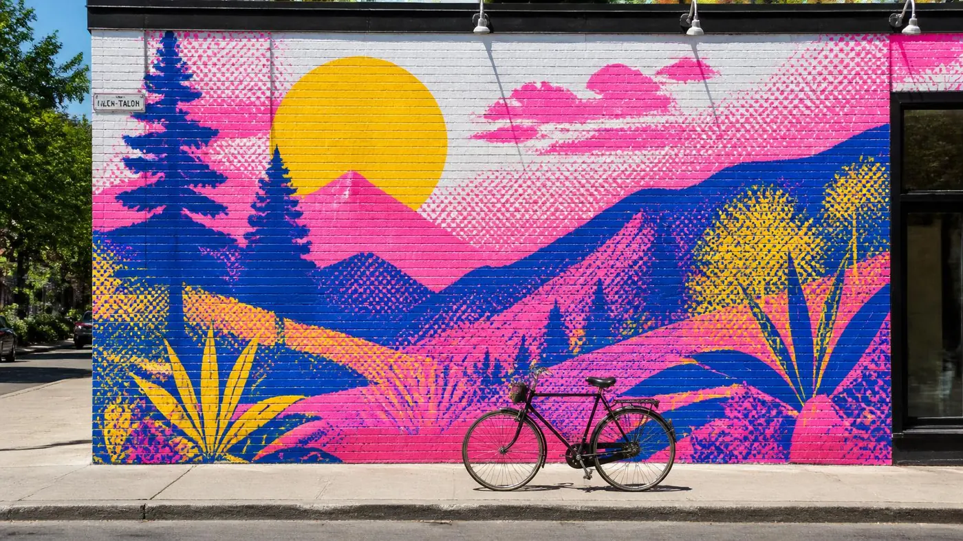 Une murale colorée sur une façade de brique