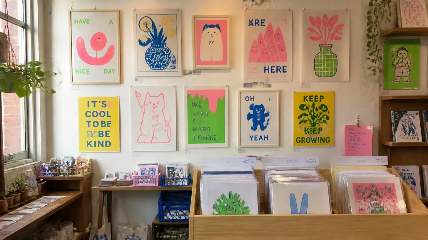 Le mur de l'atelier-boutique couvert d'affiches
