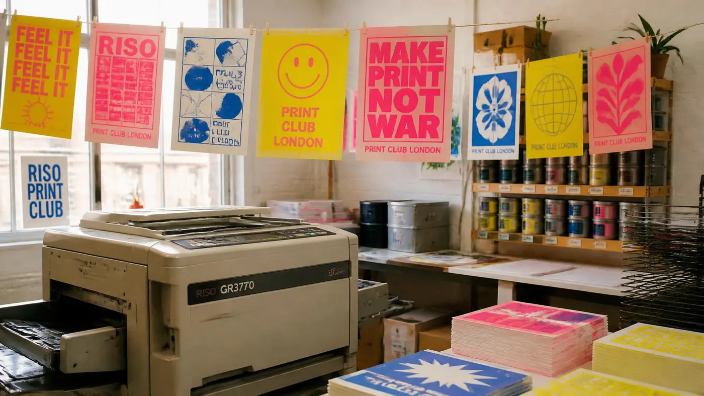 L'atelier de risographie, affiches qui sèchent sur des cordes