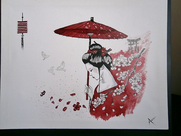 Geisha "ombrelle rouge"-Evelyne Cauchebrais