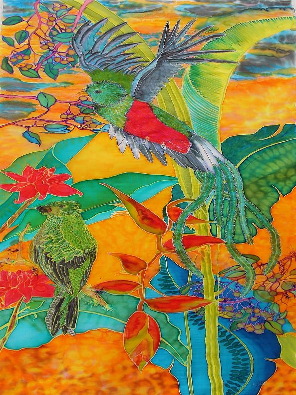 Silkpainting , Resplendent Quetzal - Another day in the cloudy rainforest #StefaniaSilkArts-Stefanie Wilhelm