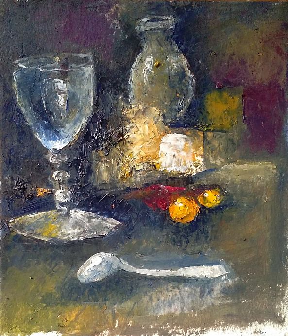 Still life with oranges and red cloth-George Grim