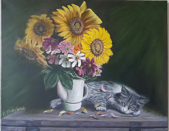 sleeping cat under flowers-yury podorvanov
