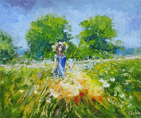 Landscape with oil summer grass girl in blue dress, wreath,yellow, green, Russian field,painting palette knife,the picture is ready to hang-Viktoria 