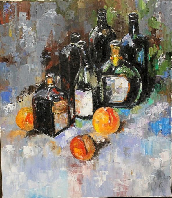 Six vine bottles and peaches.-Igor Balabanov