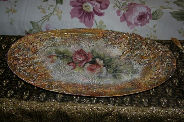 oval metal plate with decoupage mixed media-ANASTASIA EMMANOUILIDOU