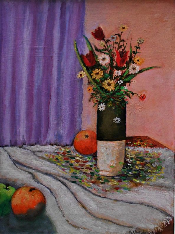 STILL  LIFE WITH FLOWERS AND FRUITS -2-Konstantinos Charalampopoulos