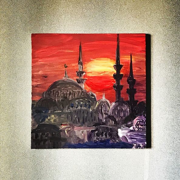 Istanbul Mosque Sunset Acrylic Painting, Modern Art, Wall Art, Turkey-Ievgeniia Zhydkova