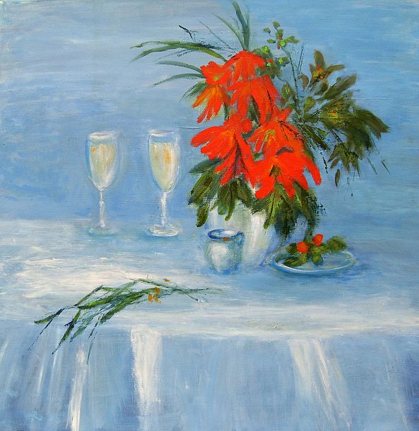 Red Flowers on a table-Aase Lind