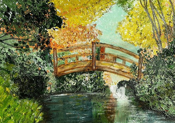 Bridge over water colorful trees-Odette  Frank