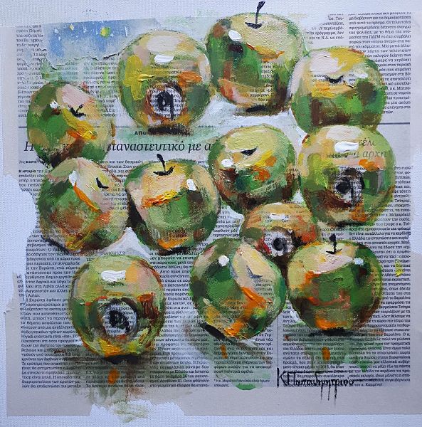 Green apples still life painting. Oil on newspaper 11.8" x 11.8".- 