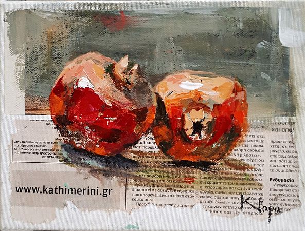 Pomegranates still life painting. Oil on newspaper 7.9" x 9.8".- 