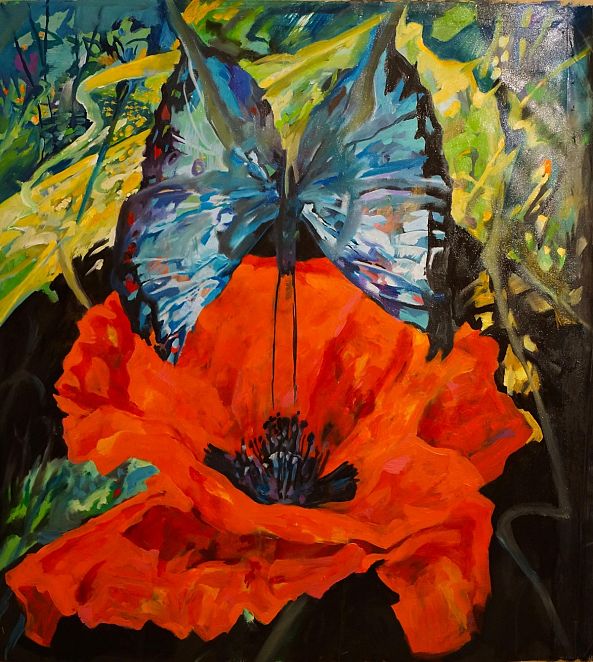 The poppy and blue butterfly-Dragos Botezat