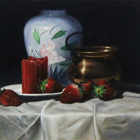 White Vase, Cooper Jar, Candle and Strawberries-James Zhao