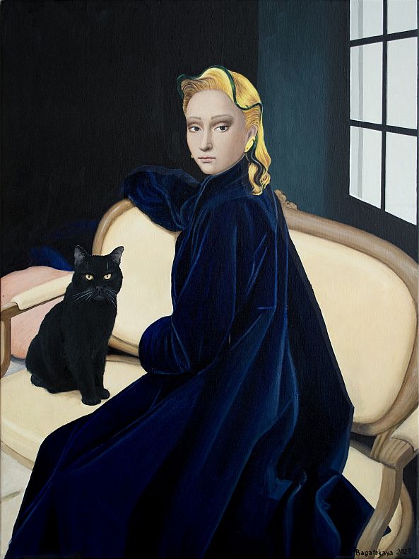  Black Cat on a Yellow Sofa-Nataliya Bagatskaya