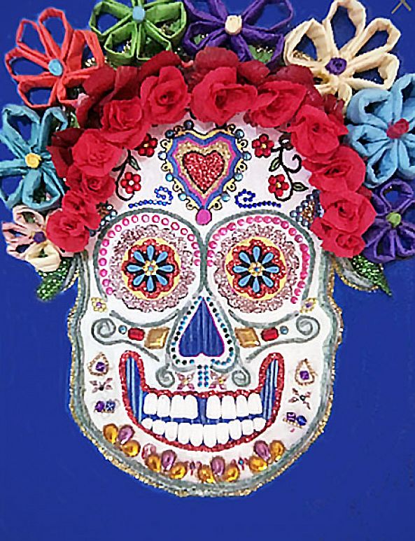 Sugar Skull Painting & Collage—Totally Unique Stunning and Colorful Mexican Folk Art-Maxine Page