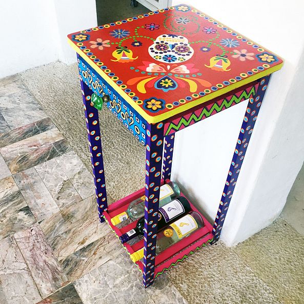 Unique & Stunning Hand Painted Mandela Mexican Folk Art Wine Rack & Table-Maxine Page