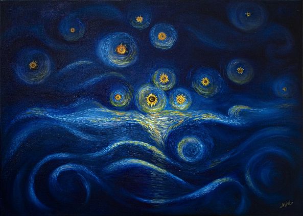 SUNFLOWERS NIGHT XL SIZE VAN GOGH INSPIRATION-Mila Moroko