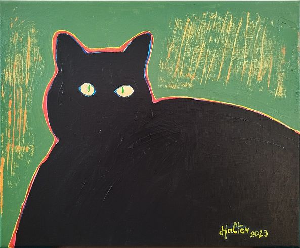 Chat noir sur fond orange-Alain HALTER