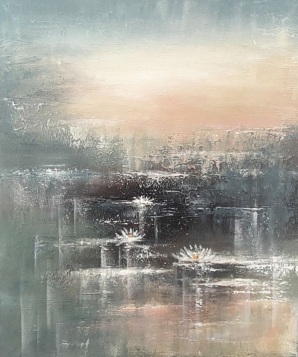 Silence of Dawn on the Pond, paysage, nénuphars, vert rose bleu-Olivia Maro