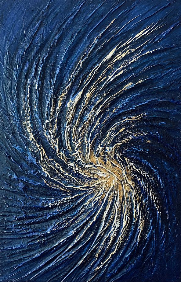 Golden Stream, acrylic, texture, blue and gold, abstract-Olivia Maro