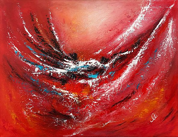 Fire breath, acrylic,texture,red white black,abstraction,unframed-Olivia Maro