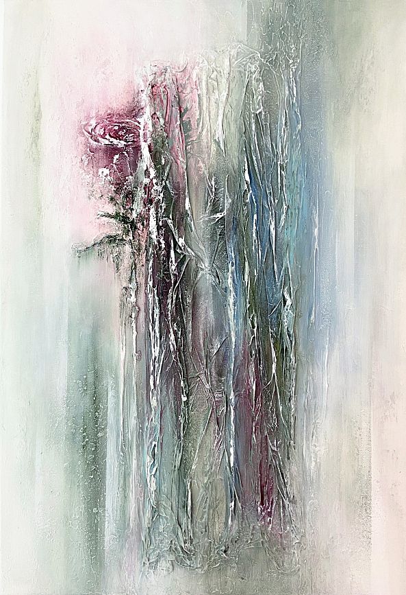 Painting In the Embrace of Ice, acrylic, white pink green, abstract, texture, unframed-Olivia Maro