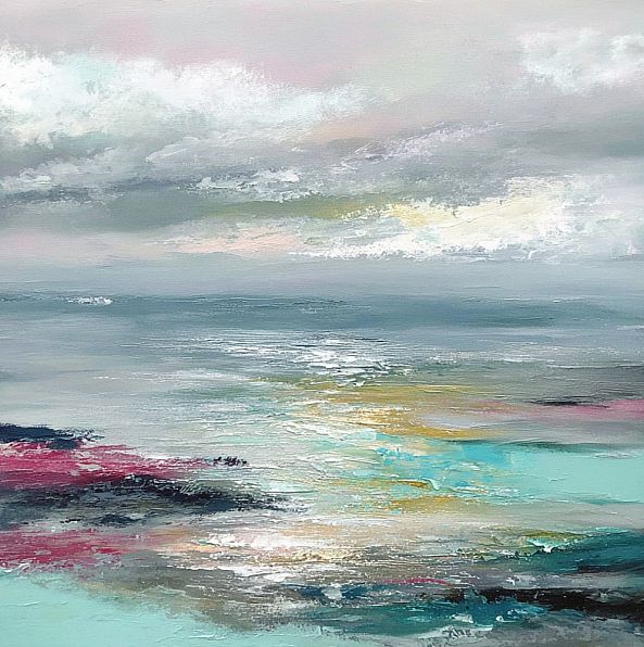 Sliding morning, abstract seascape, pastel shades, turquoise sea-Olivia Maro