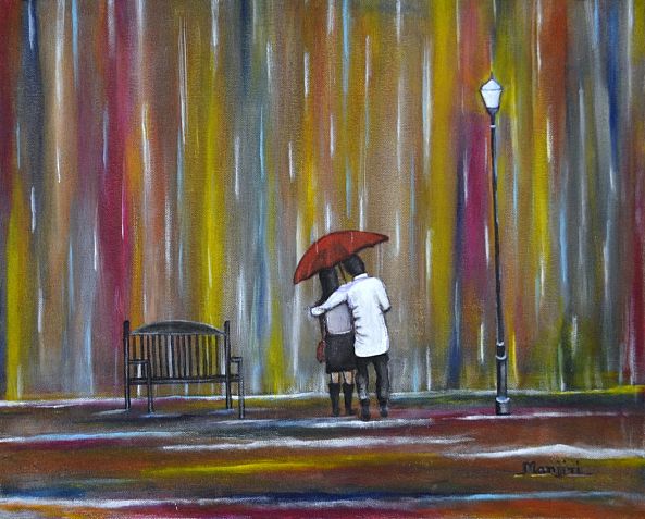 Love in the Rain romantic painting-Manjiri  Kanvinde 