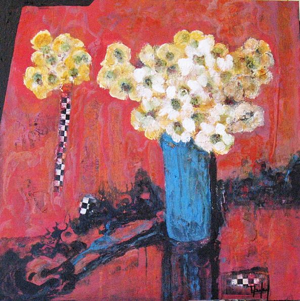 Yellow Flowers Blue Vase-Beverly Farley
