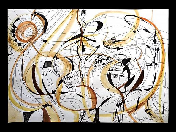 Drawing, watercolor, black ink on paper, Dance Spirals, ready to frame, brown colors, paper-Ana Pinto
