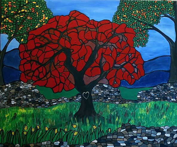 Our initials on the red tree-Rachel Olynuk